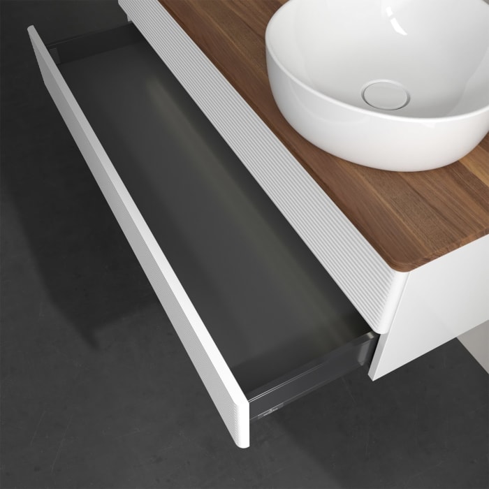 Villeroy & Boch Antao Waschbeckenunterschrank, 120 x 36 cm, 2 Auszüge mit LED-Licht, Front mit Struktur, mit Hahnloch, für Waschtisch rechts