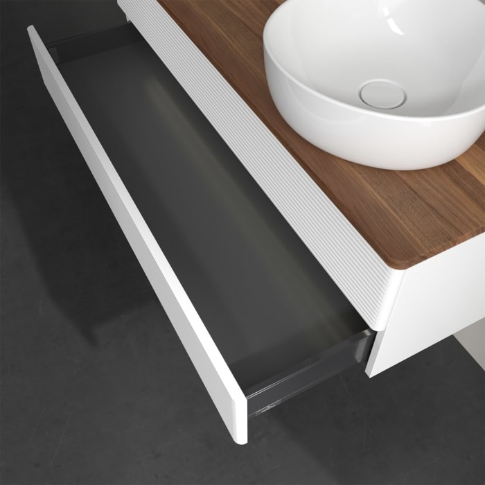 Villeroy & Boch Antao Waschbeckenunterschrank, 120 x 36 cm, 2 Auszüge mit LED-Licht, Front mit Struktur, mit Hahnloch, für Waschtisch rechts