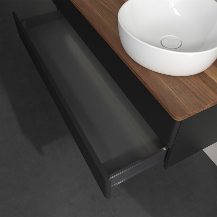 Villeroy & Boch Antao Waschbeckenunterschrank, 120 x 36 cm, 2 Auszüge mit LED-Licht, Front mit Struktur, mit Hahnloch, für Waschtisch rechts