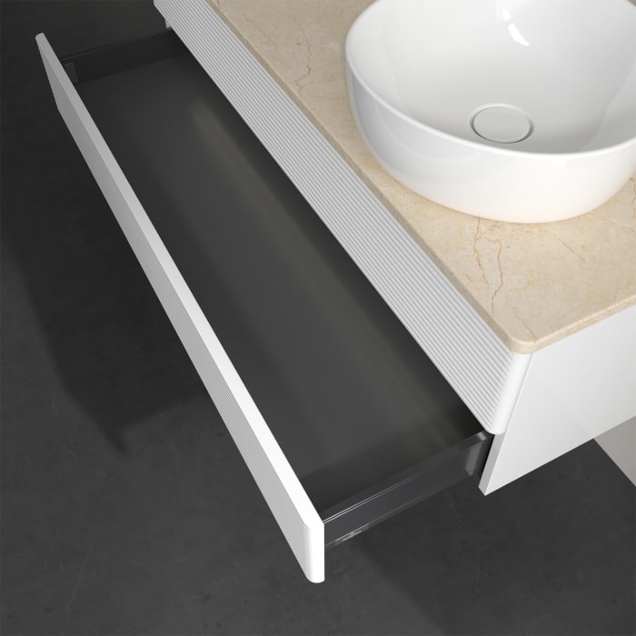 Villeroy & Boch Antao Waschbeckenunterschrank, 120 x 36 cm, 2 Auszüge mit LED-Licht, Front mit Struktur, mit Hahnloch, für Waschtisch rechts