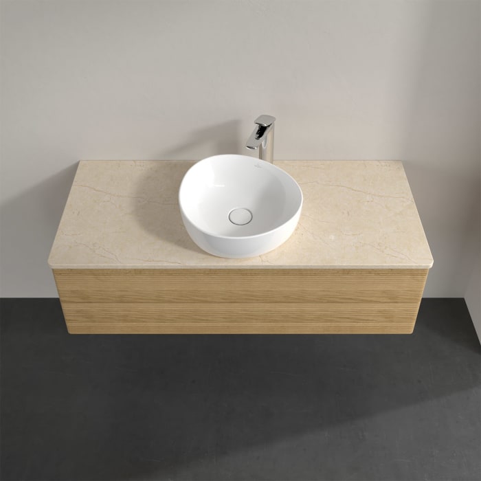 Villeroy & Boch Antao Waschbeckenunterschrank, 120 x 36 cm, 2 Auszüge mit LED-Licht, Front mit Struktur, mit Hahnloch, für Waschtisch mittig