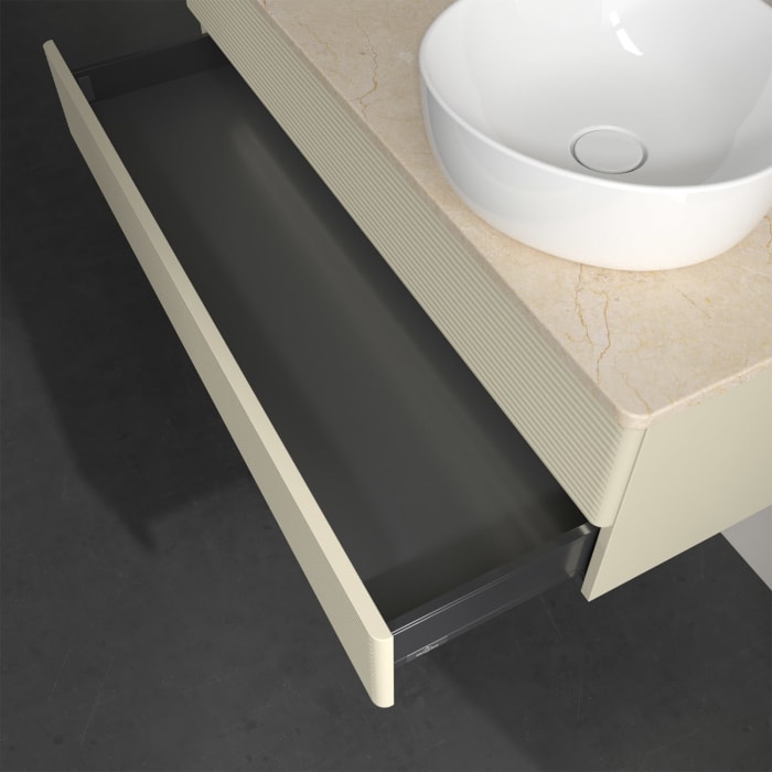 Villeroy & Boch Antao Waschbeckenunterschrank, 120 x 36 cm, 2 Auszüge mit LED-Licht, Front mit Struktur, mit Hahnloch, für Waschtisch rechts