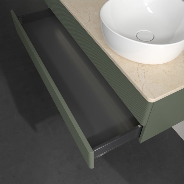 Villeroy & Boch Antao Waschbeckenunterschrank, 120 x 36 cm, 2 Auszüge mit LED-Licht, Front mit Struktur, mit Hahnloch, für Waschtisch rechts