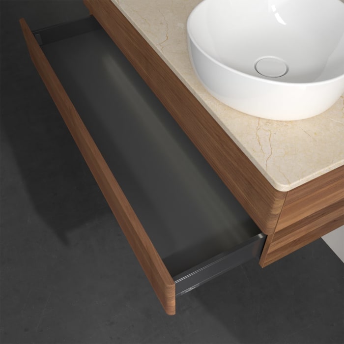 Villeroy & Boch Antao Waschbeckenunterschrank, 120 x 36 cm, 2 Auszüge mit LED-Licht, Front mit Struktur, mit Hahnloch, für Waschtisch rechts