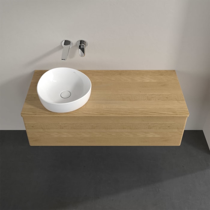 Villeroy & Boch Antao Waschbeckenunterschrank, 120 x 36 cm, 2 Auszüge mit LED-Licht, Front ohne Struktur, ohne Hahnloch, für Waschtisch links