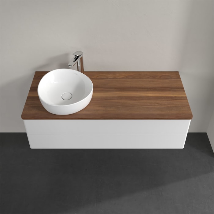 Villeroy & Boch Antao Waschbeckenunterschrank, 120 x 36 cm, 2 Auszüge mit LED-Licht, Front ohne Struktur, mit Hahnloch, für Waschtisch links