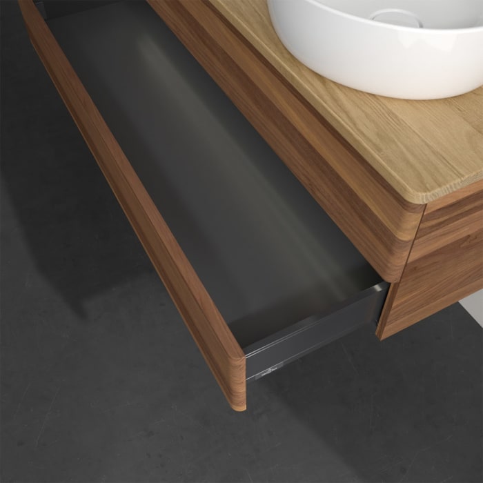 Villeroy & Boch Antao Waschbeckenunterschrank, 120 x 36 cm, 2 Auszüge mit LED-Licht, Front ohne Struktur, mit Hahnloch, für Waschtisch links und recht