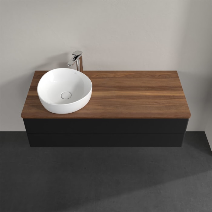 Villeroy & Boch Antao Waschbeckenunterschrank, 120 x 36 cm, 2 Auszüge mit LED-Licht, Front ohne Struktur, mit Hahnloch, für Waschtisch links