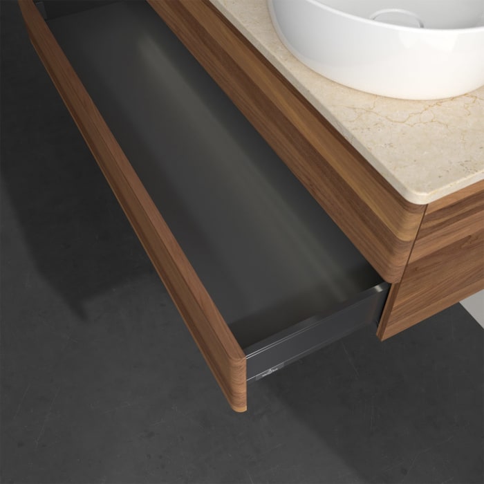 Villeroy & Boch Antao Waschbeckenunterschrank, 120 x 36 cm, 2 Auszüge mit LED-Licht, Front ohne Struktur, mit Hahnloch, für Waschtisch links und recht