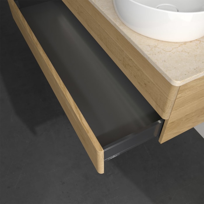 Villeroy & Boch Antao Waschbeckenunterschrank, 120 x 36 cm, 2 Auszüge mit LED-Licht, Front ohne Struktur, mit Hahnloch, für Waschtisch links und recht