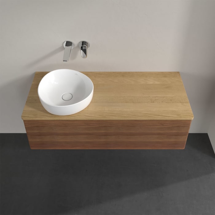 Villeroy & Boch Antao Waschbeckenunterschrank, 120 x 36 cm, 2 Auszüge mit LED-Licht, Front mit Struktur, ohne Hahnloch, für Waschtisch links