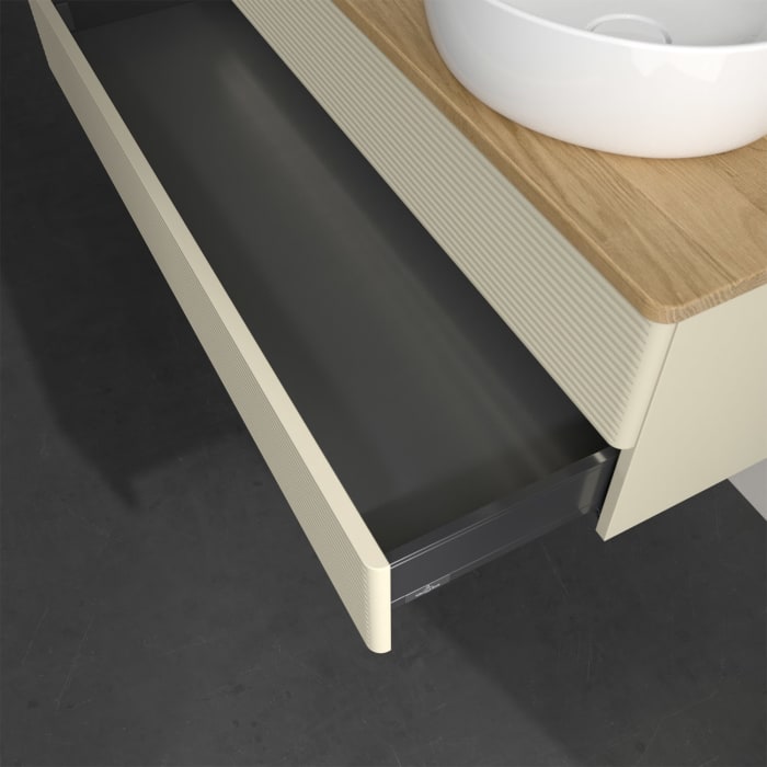 Villeroy & Boch Antao Waschbeckenunterschrank, 120 x 36 cm, 2 Auszüge mit LED-Licht, Front mit Struktur, ohne Hahnloch, für Waschtisch links und recht