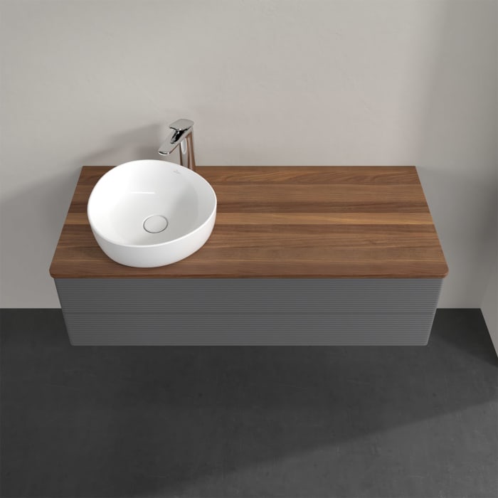 Villeroy & Boch Antao Waschbeckenunterschrank, 120 x 36 cm, 2 Auszüge mit LED-Licht, Front mit Struktur, mit Hahnloch, für Waschtisch links