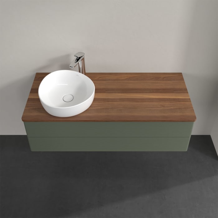 Villeroy & Boch Antao Waschbeckenunterschrank, 120 x 36 cm, 2 Auszüge mit LED-Licht, Front mit Struktur, mit Hahnloch, für Waschtisch links