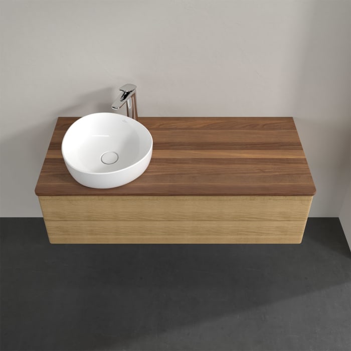 Villeroy & Boch Antao Waschbeckenunterschrank, 120 x 36 cm, 2 Auszüge mit LED-Licht, Front mit Struktur, mit Hahnloch, für Waschtisch links