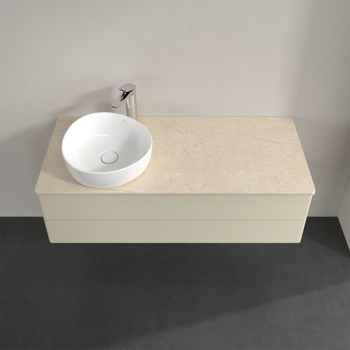 Villeroy & Boch Antao Waschbeckenunterschrank, 120 x 36 cm, 2 Auszüge mit LED-Licht, Front mit Struktur, mit Hahnloch, für Waschtisch links