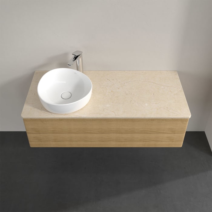 Villeroy & Boch Antao Waschbeckenunterschrank, 120 x 36 cm, 2 Auszüge mit LED-Licht, Front mit Struktur, mit Hahnloch, für Waschtisch links