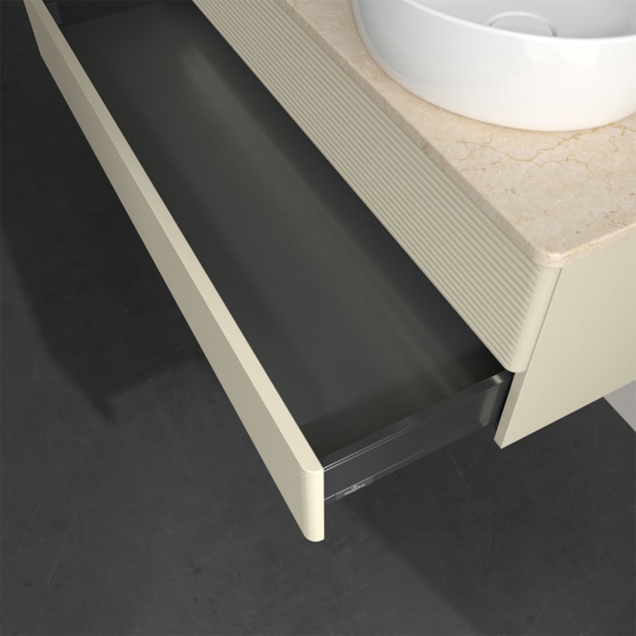 Villeroy & Boch Antao Waschbeckenunterschrank, 120 x 36 cm, 2 Auszüge mit LED-Licht, Front mit Struktur, mit Hahnloch, für Waschtisch links und rechts