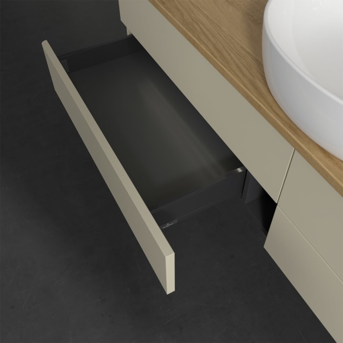 Villeroy & Boch Antao Waschbeckenunterschrank, 160 x 36 cm, 4 Auszüge mit LED-Licht, Front ohne Struktur, ohne Hahnloch, für Waschtisch mittig