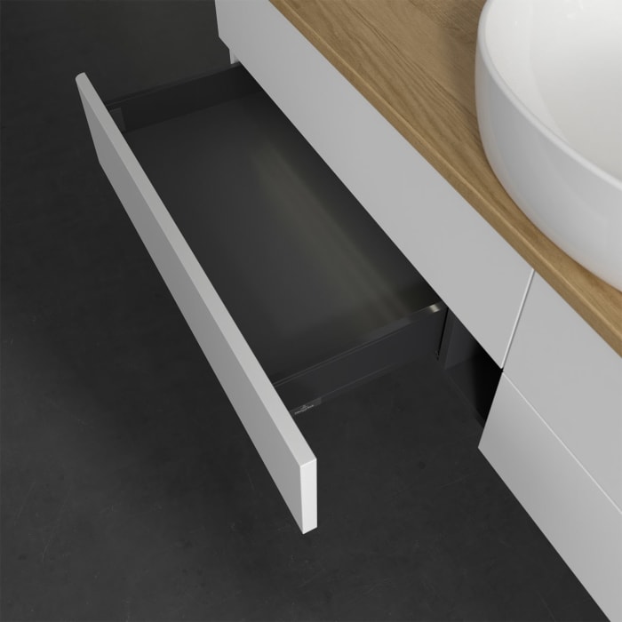 Villeroy & Boch Antao Waschbeckenunterschrank, 160 x 36 cm, 4 Auszüge mit LED-Licht, Front ohne Struktur, ohne Hahnloch, für Waschtisch mittig