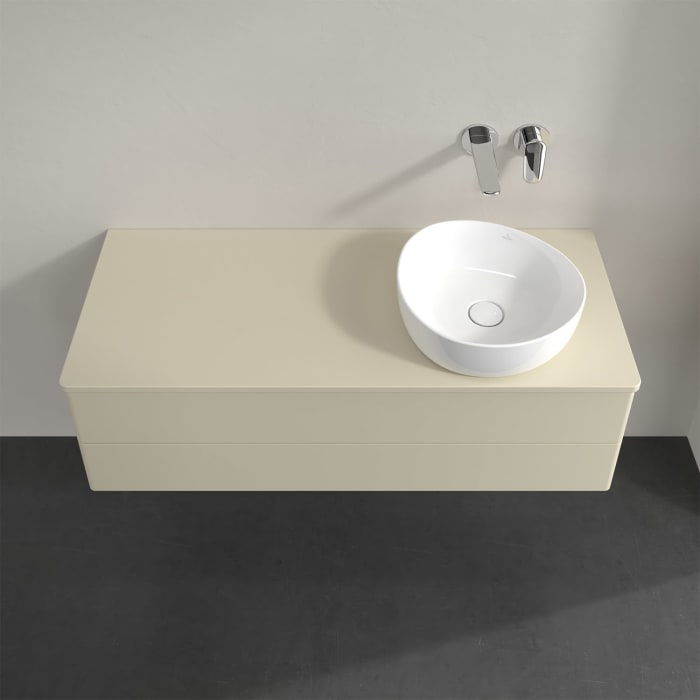 Villeroy & Boch Antao Waschbeckenunterschrank, 120 x 36 cm, 2 Auszüge mit LED-Licht, Front ohne Struktur, mit Hahnloch, für Waschtisch rechts