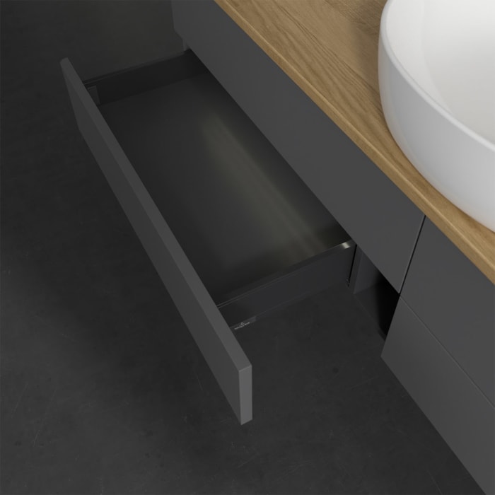 Villeroy & Boch Antao Waschbeckenunterschrank, 160 x 36 cm, 4 Auszüge mit LED-Licht, Front ohne Struktur, mit Hahnloch, für Waschtisch mittig