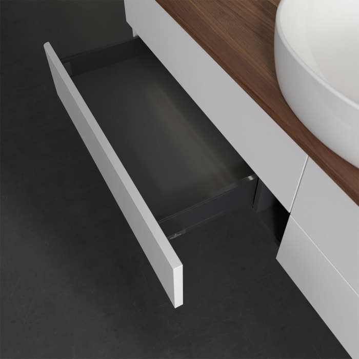 Villeroy & Boch Antao Waschbeckenunterschrank, 160 x 36 cm, 4 Auszüge mit LED-Licht, Front ohne Struktur, mit Hahnloch, für Waschtisch mittig