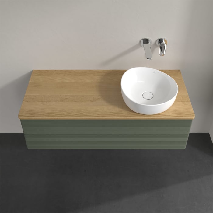 Villeroy & Boch Antao Waschbeckenunterschrank, 120 x 36 cm, 2 Auszüge mit LED-Licht, Front mit Struktur, ohne Hahnloch, für Waschtisch rechts