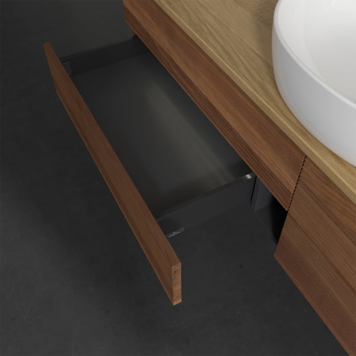 Villeroy & Boch Antao Waschbeckenunterschrank, 160 x 36 cm, 4 Auszüge mit LED-Licht, Front mit Struktur, ohne Hahnloch, für Waschtisch mittig