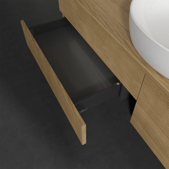 Villeroy & Boch Antao Waschbeckenunterschrank, 160 x 36 cm, 4 Auszüge mit LED-Licht, Front mit Struktur, ohne Hahnloch, für Waschtisch mittig