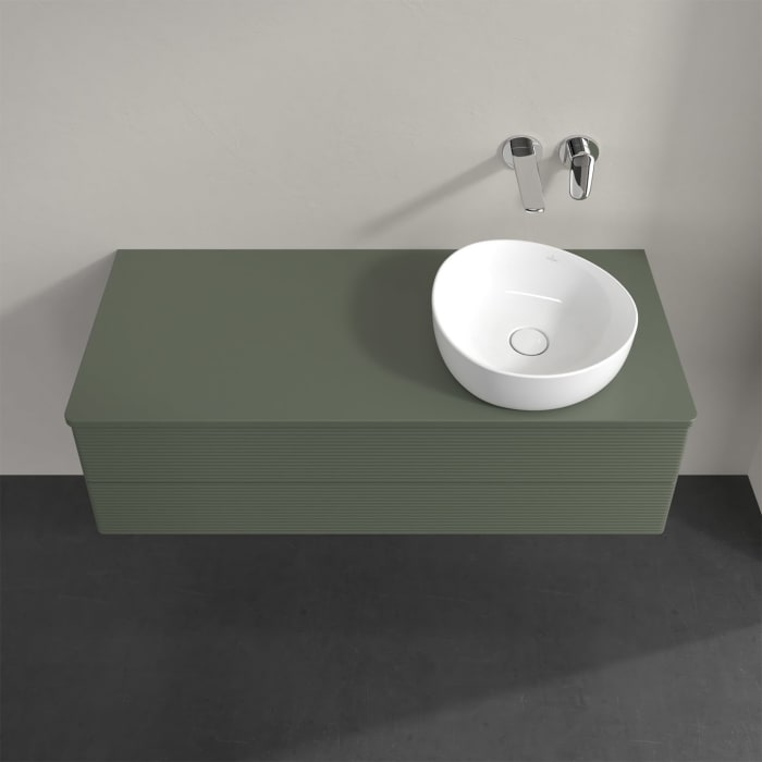 Villeroy & Boch Antao Waschbeckenunterschrank, 120 x 36 cm, 2 Auszüge mit LED-Licht, Front mit Struktur, mit Hahnloch, für Waschtisch rechts