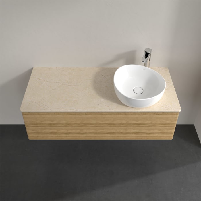 Villeroy & Boch Antao Waschbeckenunterschrank, 120 x 36 cm, 2 Auszüge mit LED-Licht, Front mit Struktur, mit Hahnloch, für Waschtisch rechts