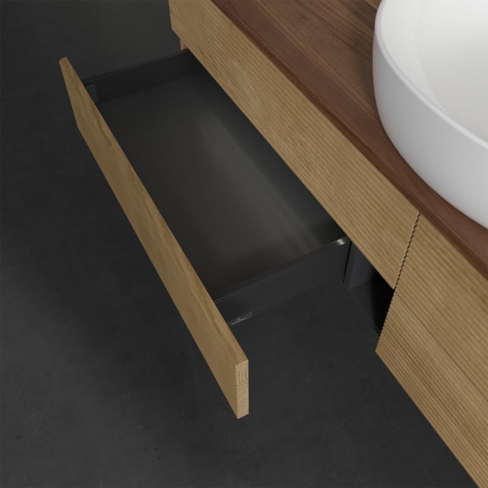 Villeroy & Boch Antao Waschbeckenunterschrank, 160 x 36 cm, 4 Auszüge mit LED-Licht, Front mit Struktur, mit Hahnloch, für Waschtisch mittig