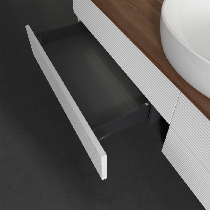 Villeroy & Boch Antao Waschbeckenunterschrank, 160 x 36 cm, 4 Auszüge mit LED-Licht, Front mit Struktur, mit Hahnloch, für Waschtisch mittig