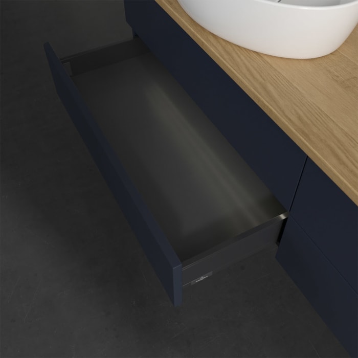 Villeroy & Boch Antao Waschbeckenunterschrank, 160 x 36 cm, 4 Auszüge mit LED-Licht, Front ohne Struktur, mit Hahnloch, für Waschtisch links