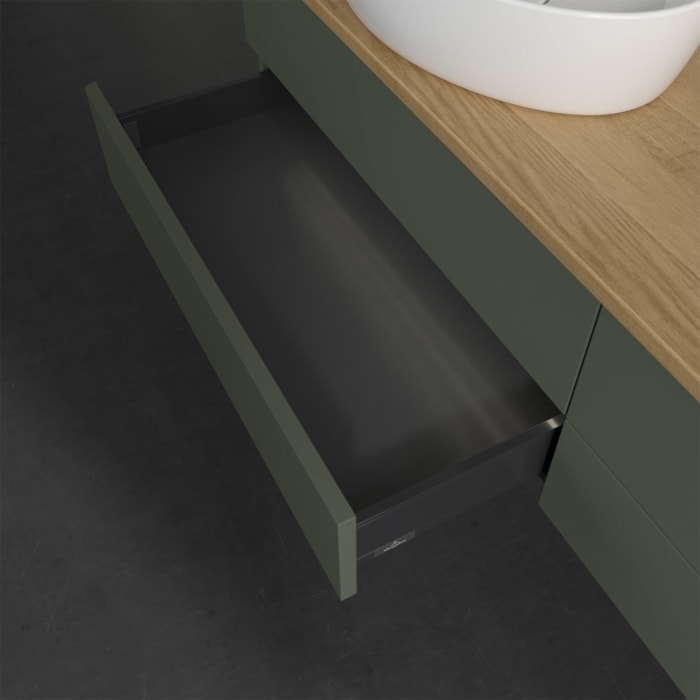 Villeroy & Boch Antao Waschbeckenunterschrank, 160 x 36 cm, 4 Auszüge mit LED-Licht, Front ohne Struktur, mit Hahnloch, für Waschtisch links