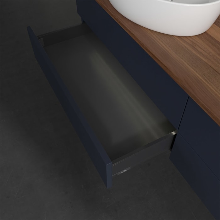 Villeroy & Boch Antao Waschbeckenunterschrank, 160 x 36 cm, 4 Auszüge mit LED-Licht, Front ohne Struktur, mit Hahnloch, für Waschtisch links