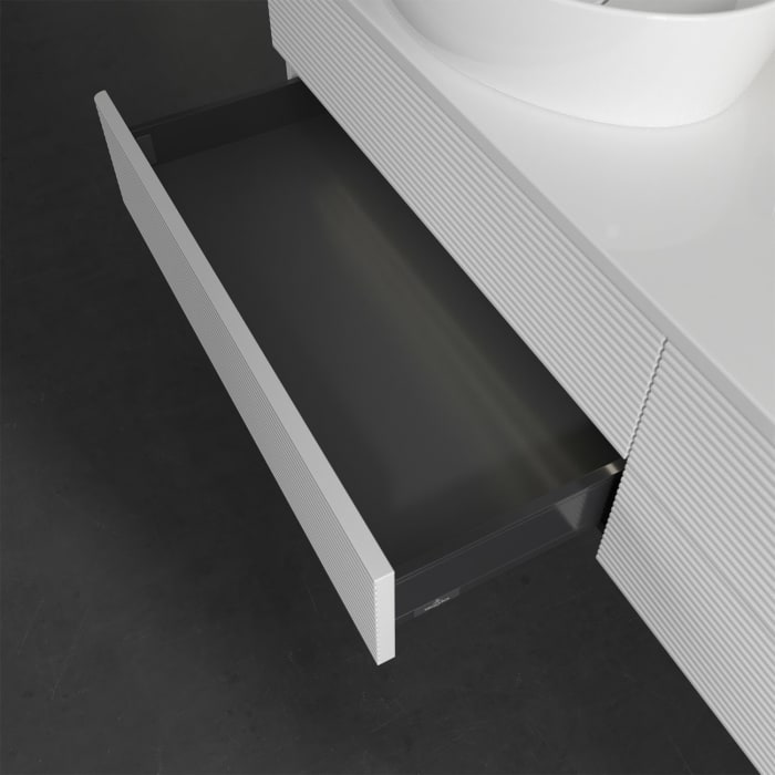 Villeroy & Boch Antao Waschbeckenunterschrank, 160 x 36 cm, 4 Auszüge mit LED-Licht, Front mit Struktur, ohne Hahnloch, für Waschtisch links
