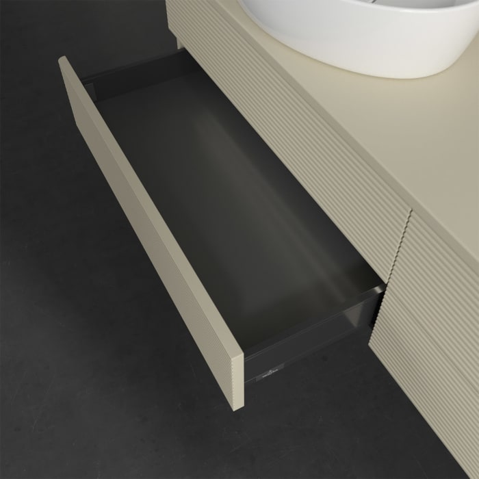 Villeroy & Boch Antao Waschbeckenunterschrank, 160 x 36 cm, 4 Auszüge mit LED-Licht, Front mit Struktur, ohne Hahnloch, für Waschtisch links