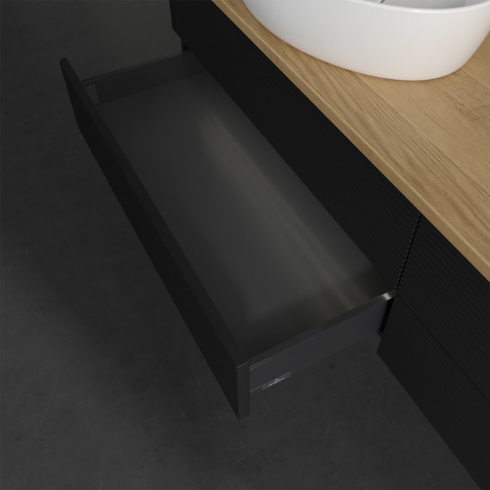 Villeroy & Boch Antao Waschbeckenunterschrank, 160 x 36 cm, 4 Auszüge mit LED-Licht, Front mit Struktur, ohne Hahnloch, für Waschtisch links