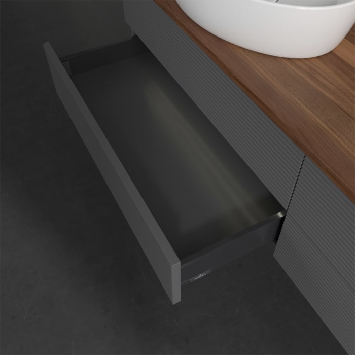 Villeroy & Boch Antao Waschbeckenunterschrank, 160 x 36 cm, 4 Auszüge mit LED-Licht, Front mit Struktur, ohne Hahnloch, für Waschtisch links