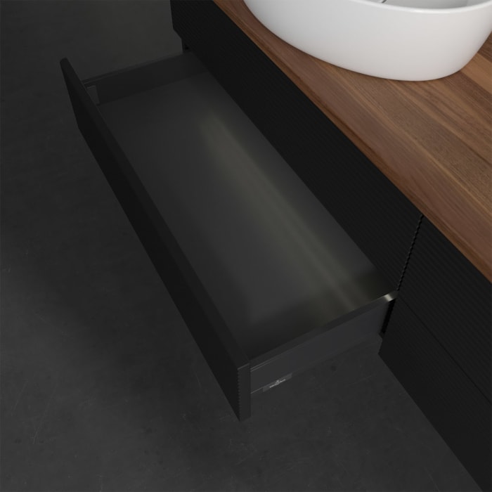 Villeroy & Boch Antao Waschbeckenunterschrank, 160 x 36 cm, 4 Auszüge mit LED-Licht, Front mit Struktur, ohne Hahnloch, für Waschtisch links