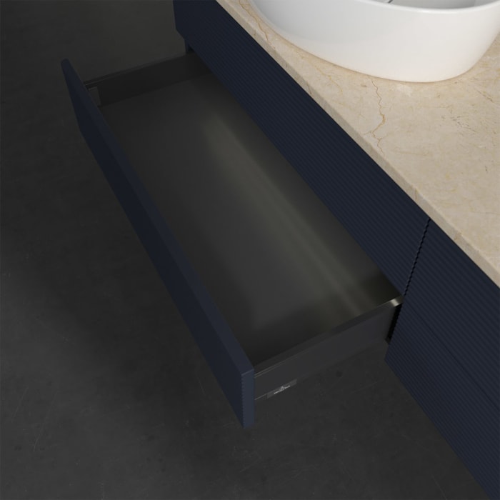 Villeroy & Boch Antao Waschbeckenunterschrank, 160 x 36 cm, 4 Auszüge mit LED-Licht, Front mit Struktur, ohne Hahnloch, für Waschtisch links