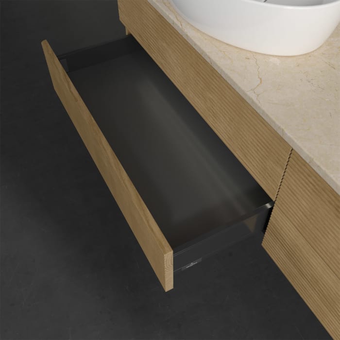 Villeroy & Boch Antao Waschbeckenunterschrank, 160 x 36 cm, 4 Auszüge mit LED-Licht, Front mit Struktur, ohne Hahnloch, für Waschtisch links