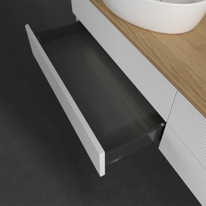 Villeroy & Boch Antao Waschbeckenunterschrank, 160 x 36 cm, 4 Auszüge mit LED-Licht, Front mit Struktur, mit Hahnloch, für Waschtisch links