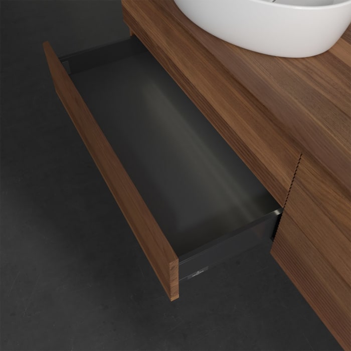 Villeroy & Boch Antao Waschbeckenunterschrank, 160 x 36 cm, 4 Auszüge mit LED-Licht, Front mit Struktur, mit Hahnloch, für Waschtisch links