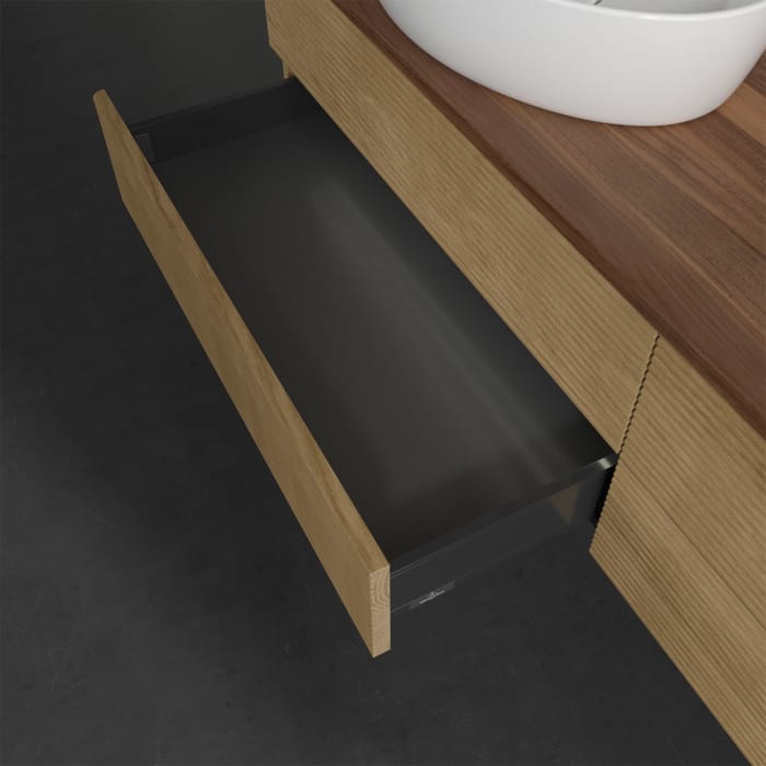 Villeroy & Boch Antao Waschbeckenunterschrank, 160 x 36 cm, 4 Auszüge mit LED-Licht, Front mit Struktur, mit Hahnloch, für Waschtisch links