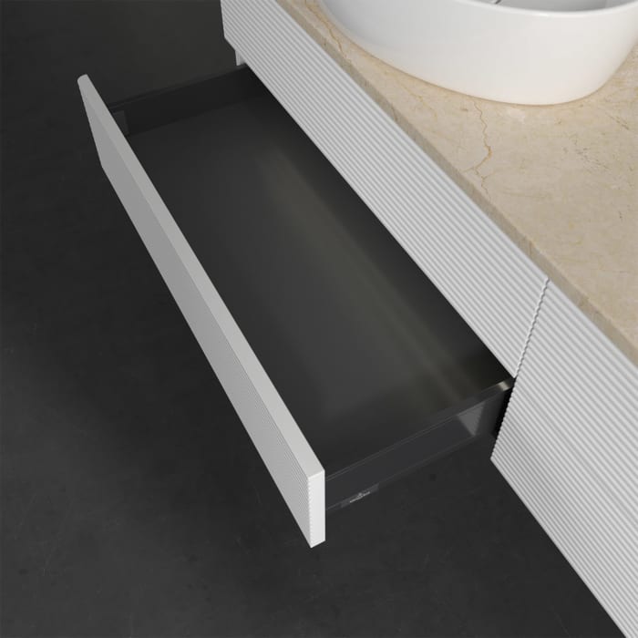 Villeroy & Boch Antao Waschbeckenunterschrank, 160 x 36 cm, 4 Auszüge mit LED-Licht, Front mit Struktur, mit Hahnloch, für Waschtisch links