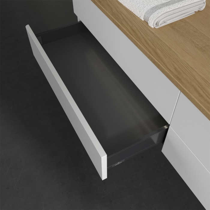 Villeroy & Boch Antao Waschbeckenunterschrank, 160 x 36 cm, 4 Auszüge mit LED-Licht, Front ohne Struktur, ohne Hahnloch, für Waschtisch rechts