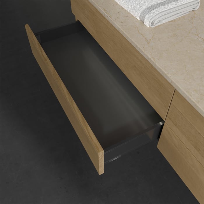 Villeroy & Boch Antao Waschbeckenunterschrank, 160 x 36 cm, 4 Auszüge mit LED-Licht, Front ohne Struktur, ohne Hahnloch, für Waschtisch rechts